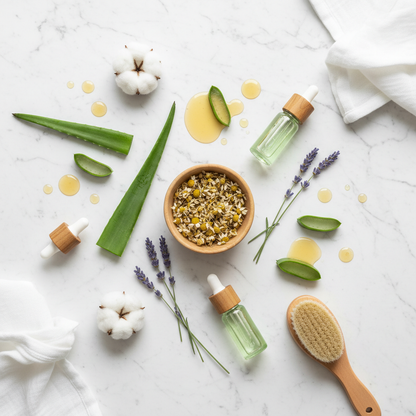 Ingrédients naturels pour soins bébé - Composition flat lay