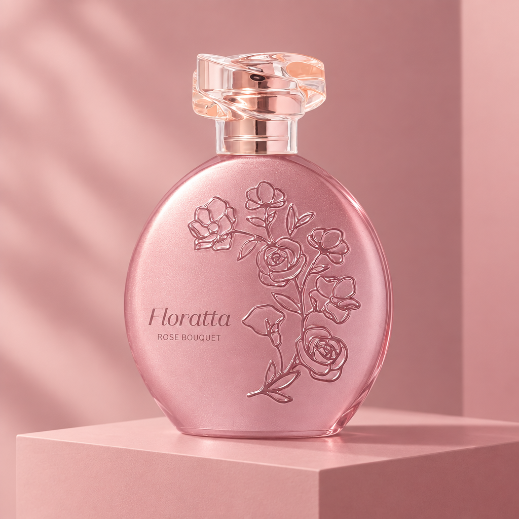 Floratta Rose Bouquet Eau de Toilette 75ml O Boticário sobre base geométrica rosa