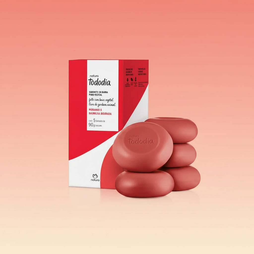 Kit de sabonetes Natura Tododia Morango e Baunilha Dourada em composição premium sobre fundo coral