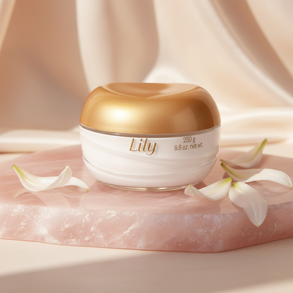 Lily cream on rose quartz with silk fabric