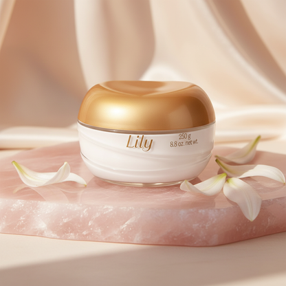 Lily cream on rose quartz with silk fabric