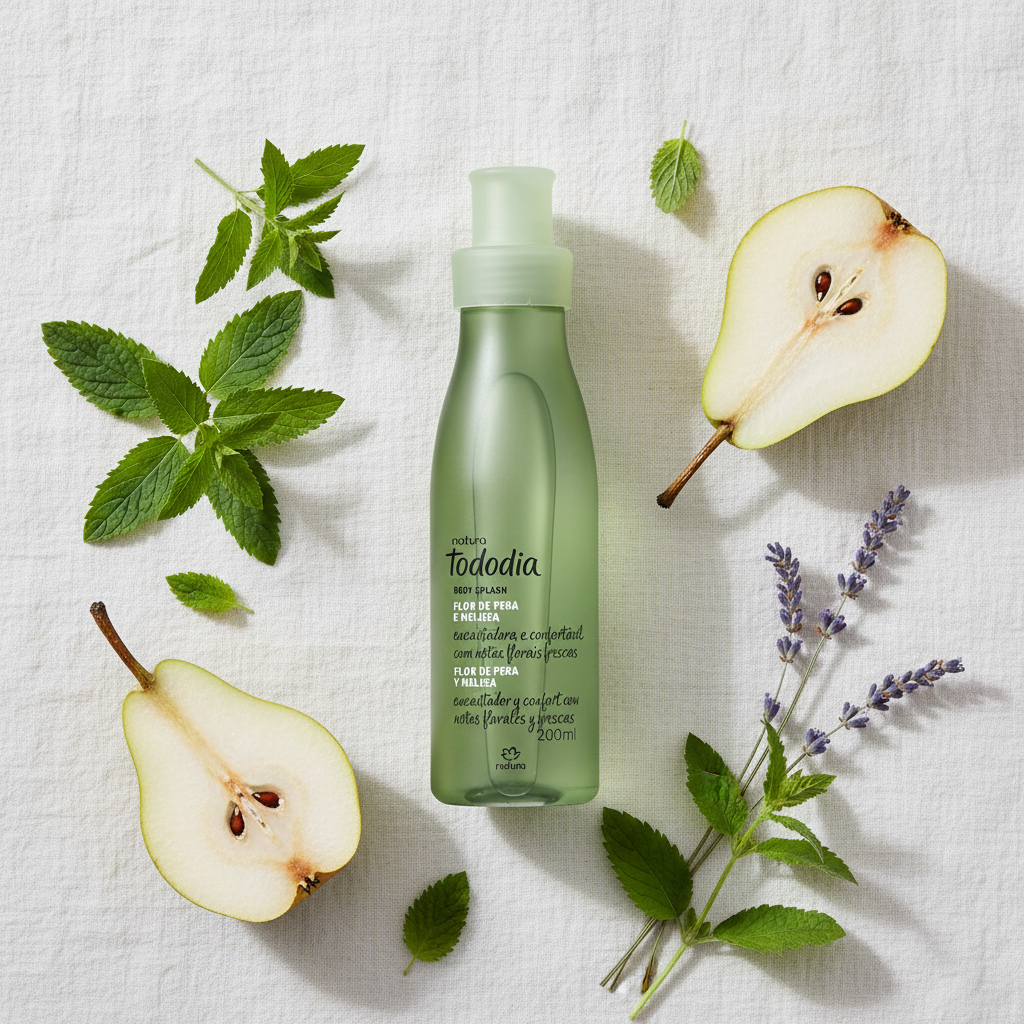 Body Splash Tododia Flor de Pera e Melissa - Flat Lay Botânico
