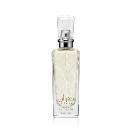 Lattafa Safwaan L'Autre Musk 100ml fundo branco caligrafia árabe