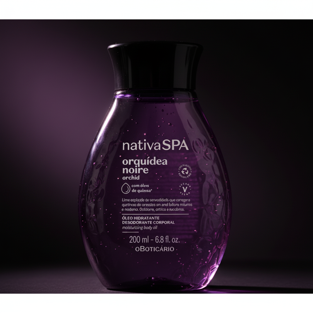 Óleo Corporal Nativa SPA Orquídea Noire - detalhe do rótulo e textura