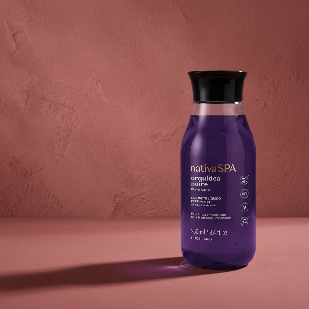 Nativa SPA Orquídea Noire com luz lateral e sombra em cenário rosa