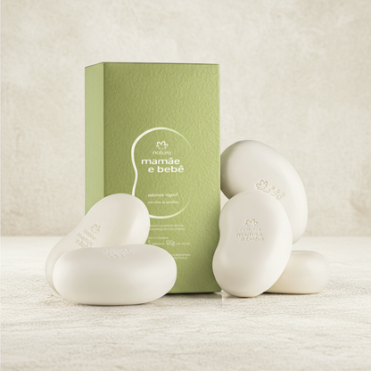 Vue à 45° du coffret et savons Mamãe Bebê