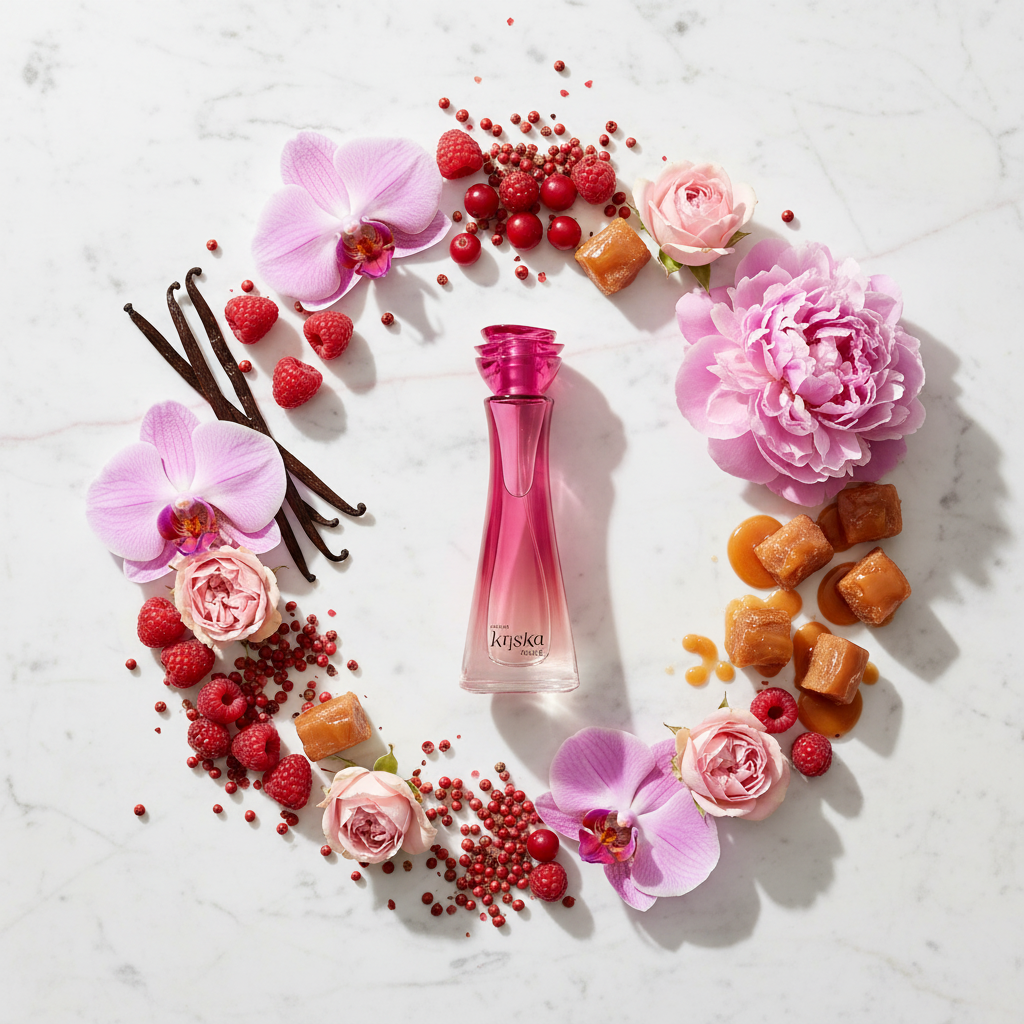 Kriska Shock Féminin flat lay with gourmand ingredients