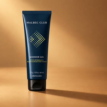 Shower Gel Malbec Club sobre superfície fosca caramelada com iluminação lateral e sombra alongada
