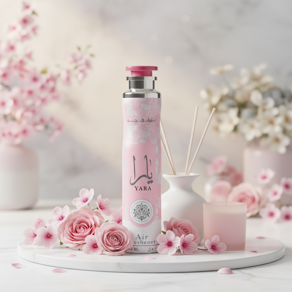 Composição artística do Lattafa Yara Air Freshener com flores