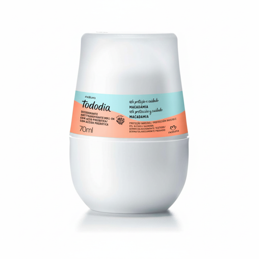 Desodorante Antitranspirante Roll-on Tododia Macadâmia 70 ml em fundo branco